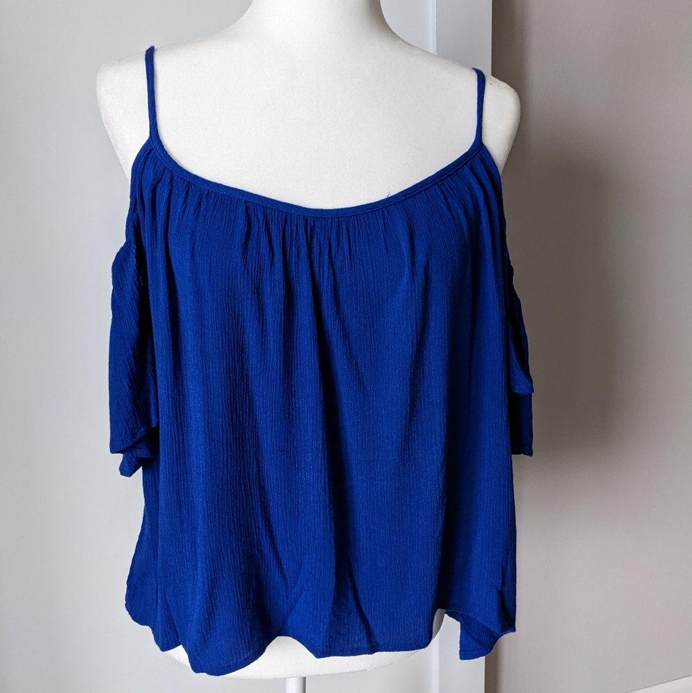 Royal Blue, spaghetti strap with open shoulder, flowy top. Size L